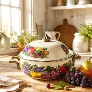 Vintage Enamel Cookware Pot w/ Lid Fruit Pattern Dutch Oven Pan Retro Kitchen